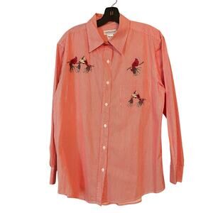 Country Store Catalog Red Striped Shirt M Embroidered Cardinals Cotton Birds